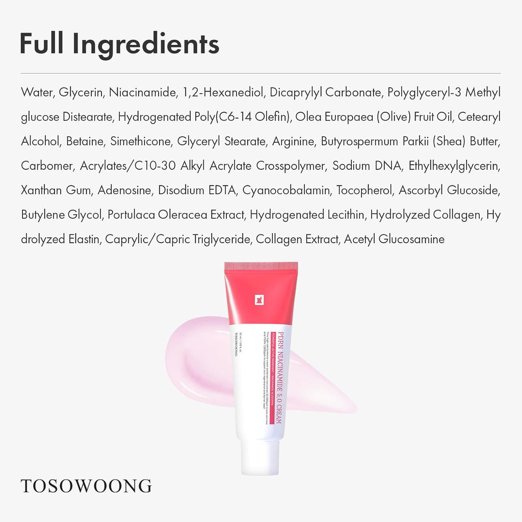 TOSOWOONG PDRN Niacinamide 5.0 Cream, Niacinamide 5% Dark Spot Remover for Face, Hyperpigmentation & Blemish Care, Salmon DNA Hydrating Moisturizer, Korean Skincare, 50ml / 1.69 fl. oz.